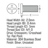 JIS Micro Profile Screw M1.0 x 5mm (Head 2.0x0.4) Stainless Steel Cross Point