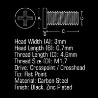 JIS Micro Profile Screw M1.7 x 4.6mm Black (Head 3x0.7) Cross Point