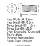 JIS Micro Profile Screw M2.0 x 1.6mm (Head 3.2x0.3) Stainless Steel Cross Point