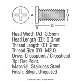 JIS Micro Profile Screw M2.0 x 2mm (Head 3.5x0.3) Stainless Steel Cross Point