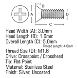 Micro Countersunk Screw M1.6 x 4.0mm (Head 3.0x1.0) Cross Point