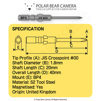 BP4 JIS #00x1.8x20x40 Crosspoint Recess Screwdriver Bit - Fits VESSEL D73 / HIOS BP-H4 / OHMI VH-4 / 4mm Shank / 800 System