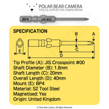BP4 JIS #00x1.8x20x40 Crosspoint Recess Screwdriver Bit - Fits VESSEL D73 / HIOS BP-H4 / OHMI VH-4 / 4mm Shank / 800 System