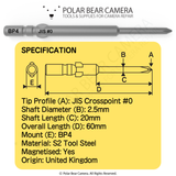 BP4 JIS JCIS #0x2.5x20x60 Crosspoint Recess Screwdriver Bit - Fits VESSEL D73 / HIOS BP-H4 / OHMI VH-4 / 4mm Shank / 800 System