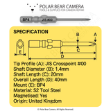 BP4 JIS #00x1.4x20x40 Crosspoint Recess Screwdriver Bit - Fits VESSEL D73 / HIOS BP-H4 / OHMI VH-4 / 4mm Shank / 800 System