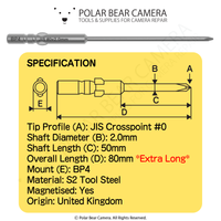 BP4 JIS JCIS #0x2.0x50x80 Long Tip Crosspoint Recess Screwdriver Bit - Fits VESSEL D73 / HIOS BP-H4 / OHMI VH-4 / 4mm Shank / 800 System