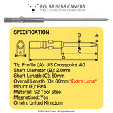 BP4 JIS JCIS #0x2.0x50x80 Long Tip Crosspoint Recess Screwdriver Bit - Fits VESSEL D73 / HIOS BP-H4 / OHMI VH-4 / 4mm Shank / 800 System