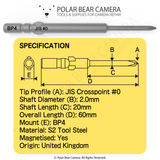 BP4 JIS JCIS #0x2.0x20x60 Crosspoint Recess Screwdriver Bit - Fits VESSEL D73 / HIOS BP-H4 / OHMI VH-4 / 4mm Shank / 800 System