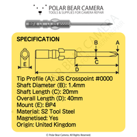 BP4 JIS #0000x1.4x20x40 Crosspoint Recess Screwdriver Bit - Fits VESSEL D73 / HIOS BP-H4 / OHMI VH-4 / 4mm Shank / 800 System
