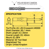 BP4 JIS #0000x1.4x20x40 Crosspoint Recess Screwdriver Bit - Fits VESSEL D73 / HIOS BP-H4 / OHMI VH-4 / 4mm Shank / 800 System