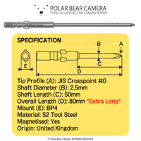 BP4 JIS JCIS #0x2.5x50x80 Long Tip Crosspoint Recess Screwdriver Bit - Fits VESSEL D73 / HIOS BP-H4 / OHMI VH-4 / 4mm Shank / 800 System