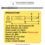 BP4 JIS JCIS #0x2.5x50x80 Long Tip Crosspoint Recess Screwdriver Bit - Fits VESSEL D73 / HIOS BP-H4 / OHMI VH-4 / 4mm Shank / 800 System