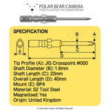 BP4 JIS #000x1.6x20x40 Crosspoint Recess Screwdriver Bit - Fits VESSEL D73 / HIOS BP-H4 / OHMI VH-4 / 4mm Shank / 800 System