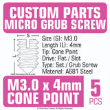 Grub Set Screw M3 x 4mm CONE POINT (Black)