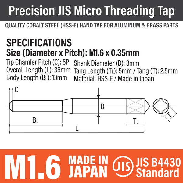 Precision JIS HSS-E Tap & Drill Set M1.6 x 0.35mm MADE IN JAPAN