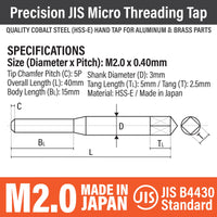 Precision JIS HSS-E Tap & Drill Set M2.0 x 0.40mm MADE IN JAPAN