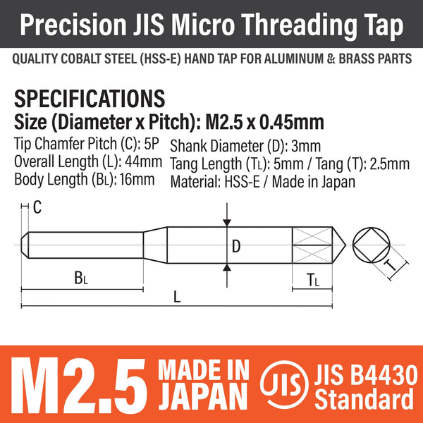 Precision JIS HSS-E Tap & Drill Set M2.5 x 0.45mm MADE IN JAPAN